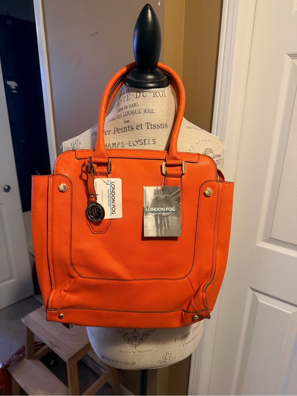 London Fog Vibrant Orange Tote with Gold-Tone Accents
